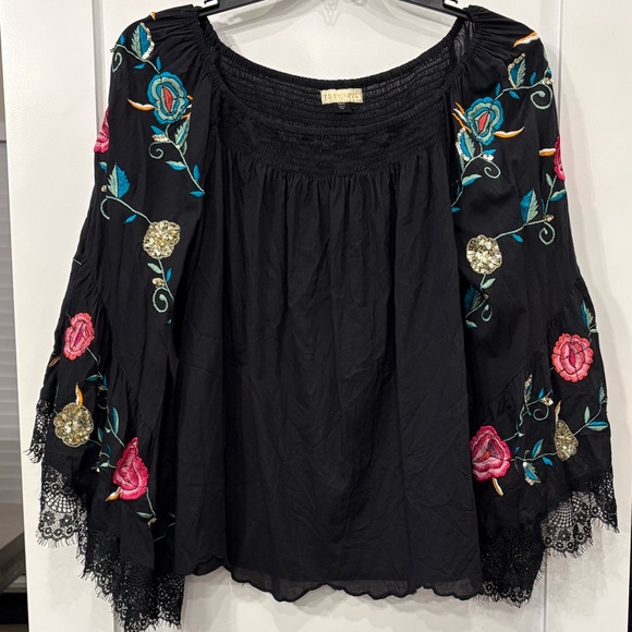 Anthropologie Ruby Yaya CottonTunic Embroidered Long Bell Sleeve Off ShoulderTop - Picture 5 of 9